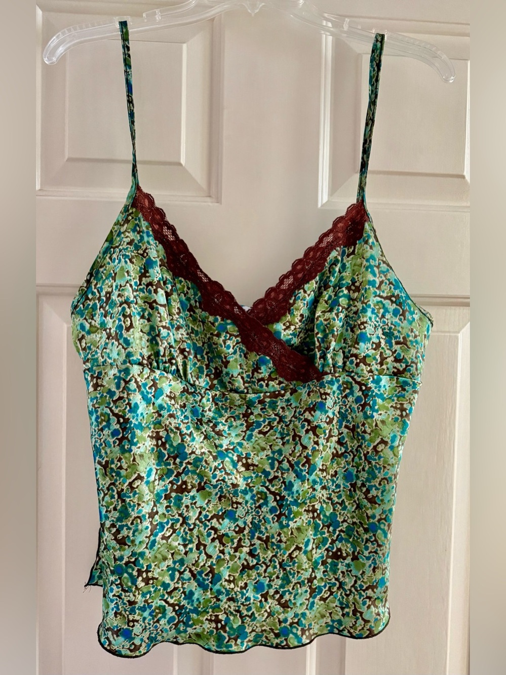 AB Studio Green Floral Satin Cami with Brown Lace Trim